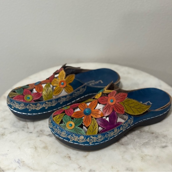Laura Vita Mules Billy 52 Turquoise Leather Shoes Floral Size 9 Women’s - Picture 9 of 12